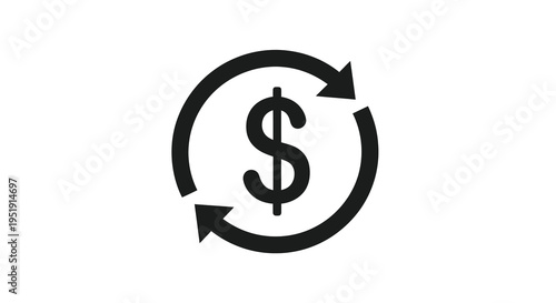 A simplistic black circular icon depicts a dollar sign within a continuous loop of two opposing arrows high quality