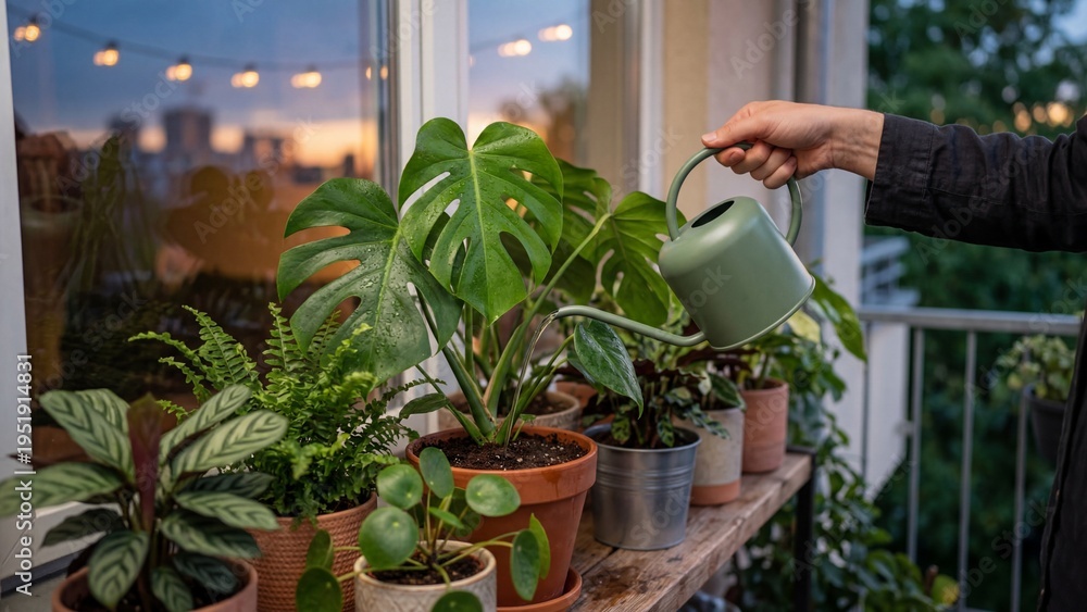 Obraz premium Hand watering monstera plant with green watering can on urban balcony at sunset. Indoor gardening and houseplant care concept with city skyline view through window and string lights