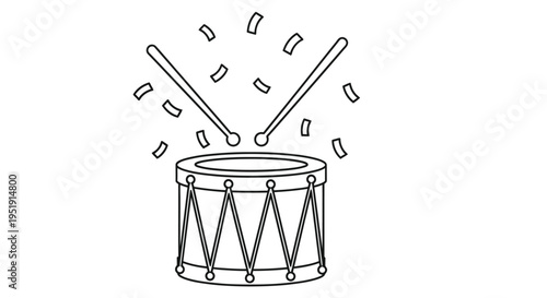 Simple line drawing of a drum set with drumsticks and musical notes