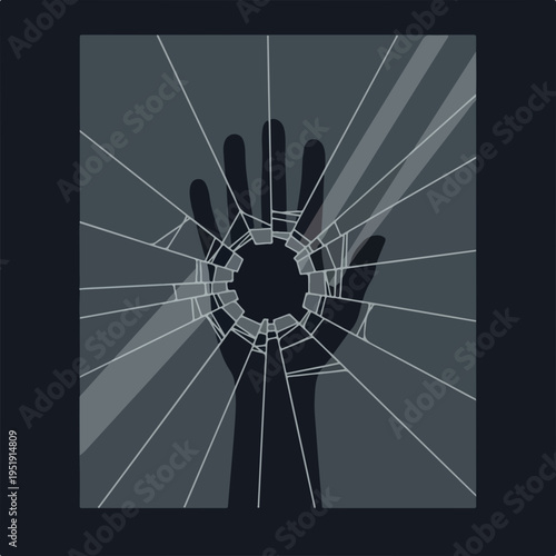 Hand Breaking Through Shattered Glass Symbolizing Abuse, Struggle, and Resilience for Awareness Campaigns, Social Justice Initiatives, and Mental Health Advocacy