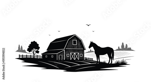 A striking black and white illustration depicts a classic barn scene with a horse birds and rolling hills