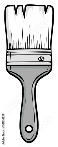Cartoon style illustration of a paintbrush with white bristles and a gray handle.