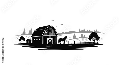 A striking black and white illustration depicts a rural farm scene with a barn horse and rolling hills high quality professional