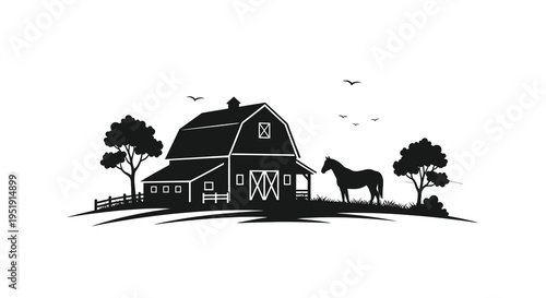 A stark black and white illustration depicts a classic red barn a grazing horse and a serene rural landscape