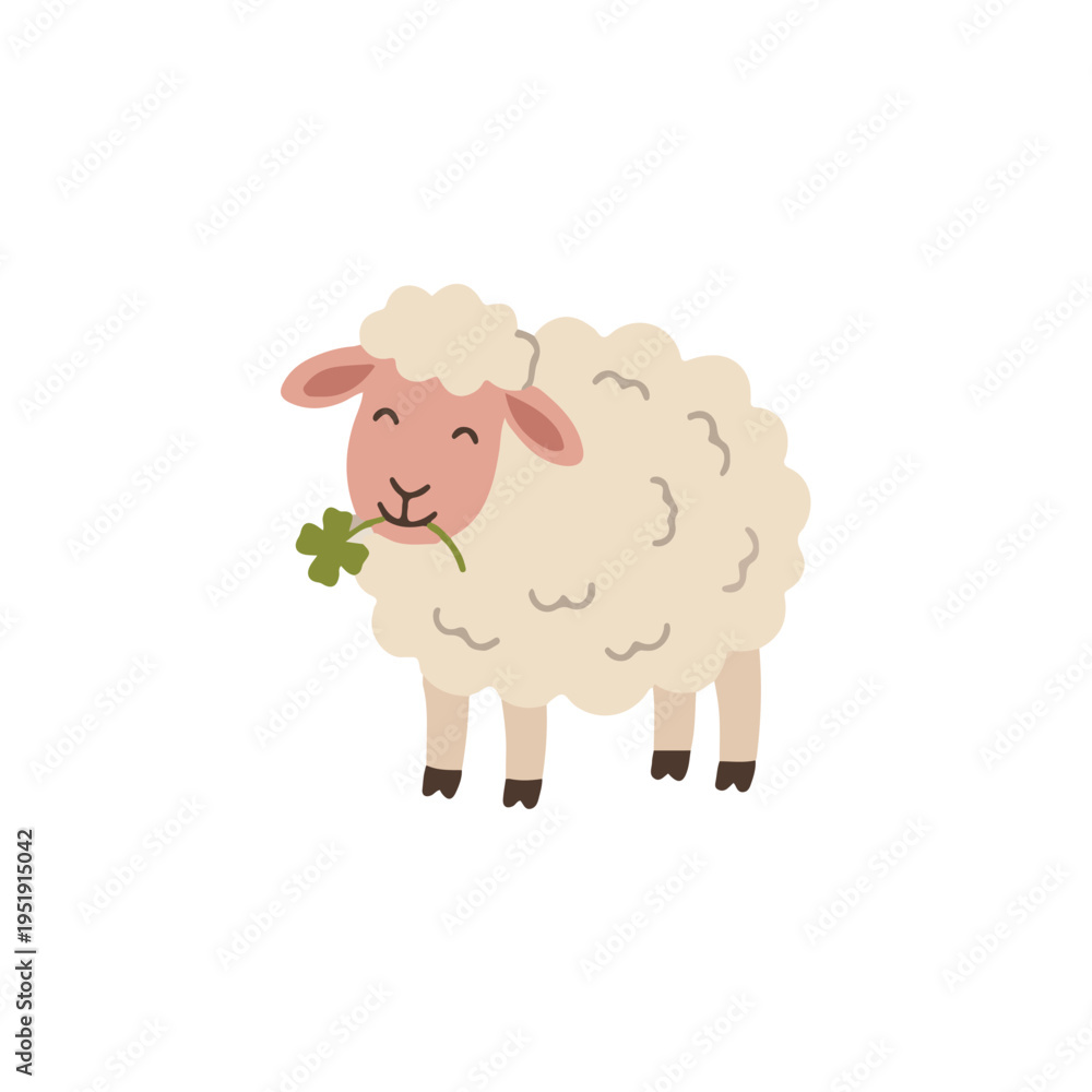 Obraz premium Cute fluffy sheep eating green clover leaf flat illustration scandinavian style
