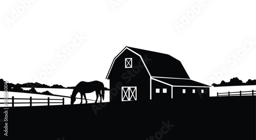 A stark black and white illustration depicts a classic barn structure alongside a grazing horse in a rural landscape
