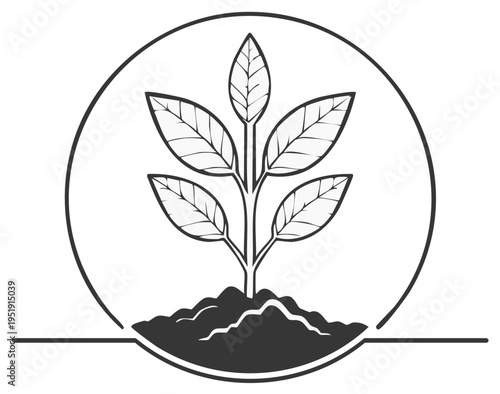 Green sprout with leaves growing from fertile soil within a circular frame symbolizing growth and nature