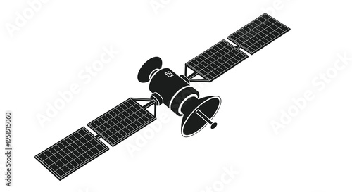 A stylized black and white illustration depicts a communication satellite in space with large solar panels high quality professional