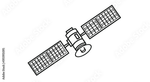 A simple black and white line drawing depicts a satellite in space showing its solar panels and cylindrical body