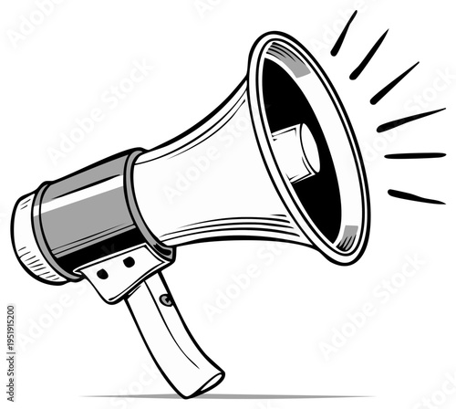 Megaphone with sound waves to announce important information in black and white sketch illustration