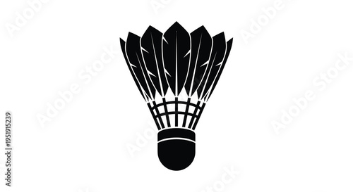 A striking black silhouette depicts a badminton shuttlecock showcasing its feathered base and conical form against white high quality