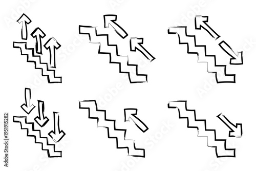 Hand-drawn staircase with arrows set. Up and down stairs business concept icons. Vector illustration