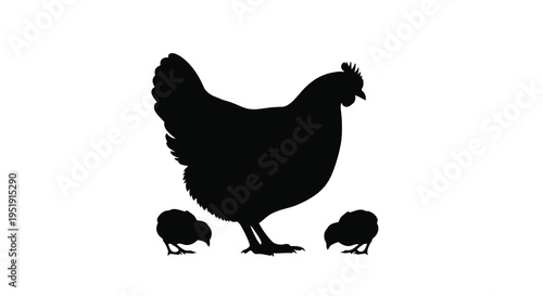 A striking silhouette depicts a mature hen closely guarding and sheltering two small chicks nearby high quality professional detailed