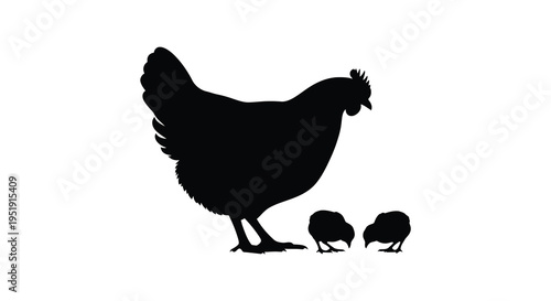 A striking silhouette depicts a mature hen attentively watching over her two small fluffy chicks high quality professional detailed