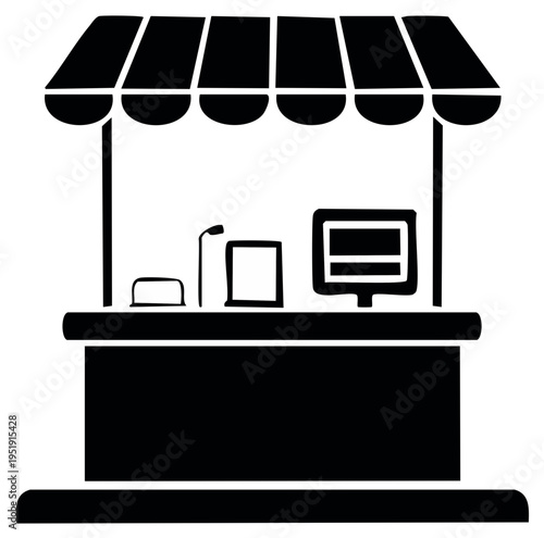 Simple black icon of a market stall, retail kiosk, or ticket booth for commerce and sales concepts