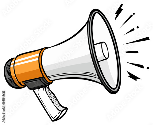 Orange and white megaphone amplifying sound waves in cartoon style