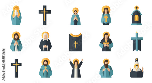 Collection of Christian Religious Icons Depicting Spirituality and Faith Art Symbols Representing Beliefs and Traditions within Christianity Visual Religious Representation in Flat Design Style