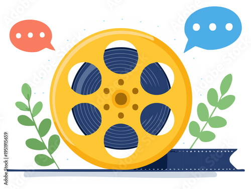 Vector illustration of a film reel with speech bubbles for movie discussion and cinema review concept