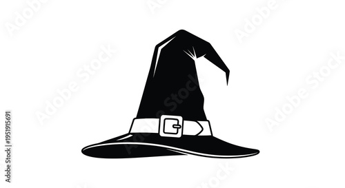 A stark black and white illustration depicts a classic witch s hat with a prominent buckle detail high quality professional detailed modern