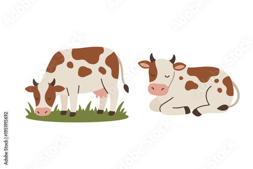 Set of cute brown spotted cows grazing and resting flat illustration scandinavian style