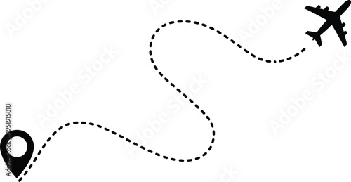 A dotted line with a location pin and an airplane flying along the path