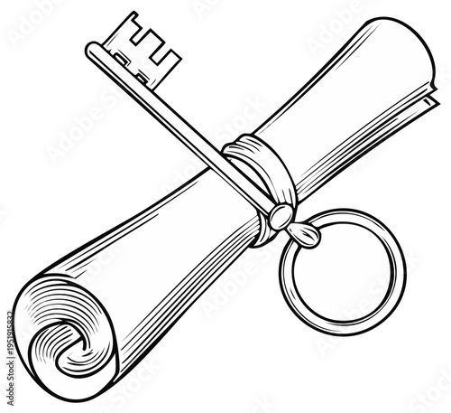 Vintage Scroll with Key, Symbolizing Secrets and Knowledge, in Black and White Outline