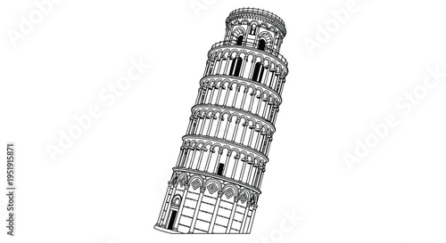 A detailed black and white line drawing showcases the leaning tower of pisa italy exhibiting its famous architectural tilt