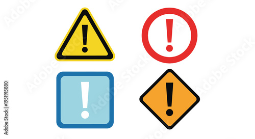 A collection of four distinct warning signs featuring exclamation points depicted in yellow red blue and orange high quality