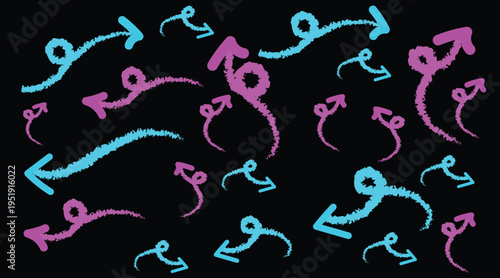 Glowing neon arrows and squiggles in purple and teal on a with a vibrant design