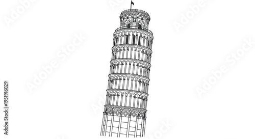 A detailed black and white sketch depicts the leaning tower of pisa italy showcasing its iconic architectural tilt