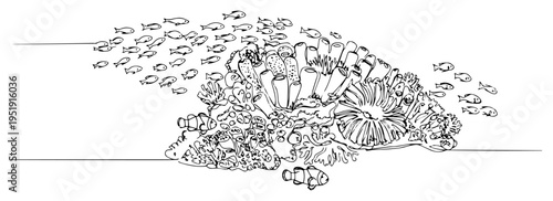 Coral reef with school of fish one line drawing, underwater marine life minimalist continuous line art, tropical ocean biodiversity illustration