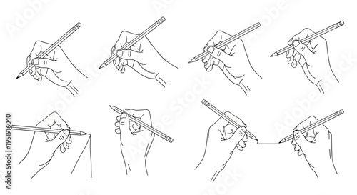 Various hands holding pencils Outline vector line art for writing and drawing EPS10 Stock.eps