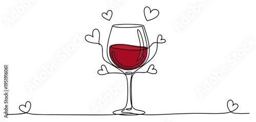 Red wine glass with hearts one line drawing, romantic date and valentine's day minimalist continuous line art, celebration and love illustration