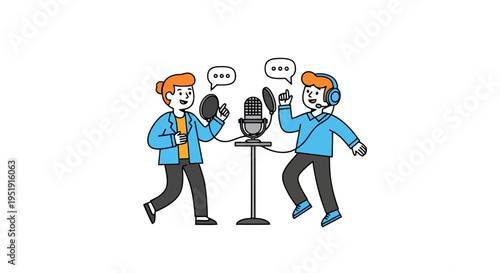 Two cartoon characters recording a podcast with microphones flat illustration style EPS10 Stock.eps