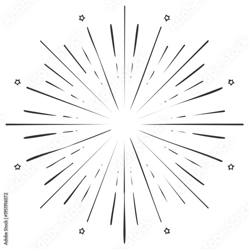 Retro starburst explosion emanating from a central point with small stars scattered around the perimeter