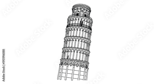 A detailed black and white line drawing depicts the leaning tower of pisa italy showcasing its architectural features