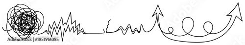 From chaos to order process concept one line drawing, simplification and solution finding illustration, continuous line art growth and success arrow
