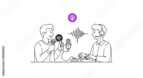 Minimalist vector illustration of two men hosting a podcast EPS10 Stock.eps