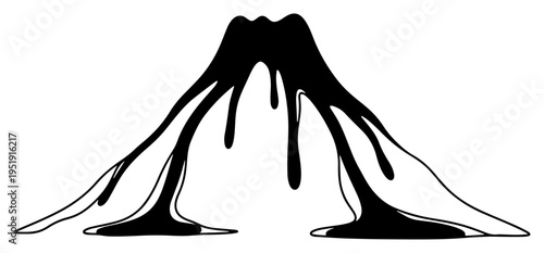 Volcano eruption with flowing lava silhouette, minimalist mountain disaster icon, nature geology and travel design elements