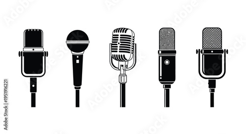 A collection of five vintage and modern microphones presented in a stark black and white illustration high quality professional detailed elegant