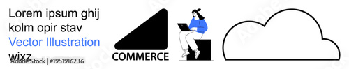 E-commerce, cloud storage, technology services, digital work, online platforms, IT solutions. Female character using a laptop, commerce icon cloud symbol. E-commerce and cloud storage concept