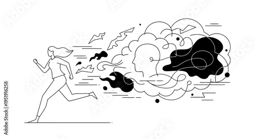 Minimalist line art Woman running from overwhelming thoughts and stress EPS10 Stock.eps