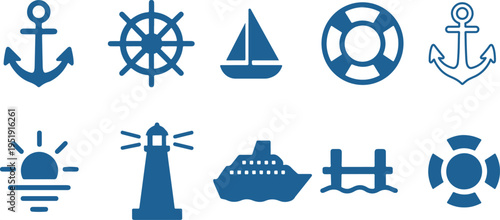 Collection of blue maritime and nautical icons representing various nautical elements and transportation