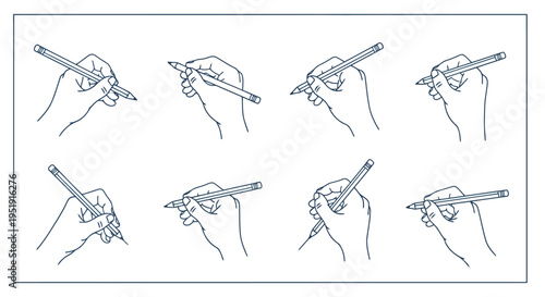 Minimalist line art illustration of hands holding pencils with various grips EPS10 Stock.eps