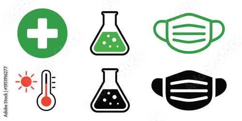Collection of six science and health related icons including medical cross and face masks