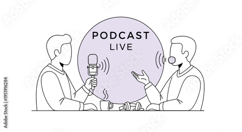 Minimalist line art illustration of two men recording a live podcast EPS10 Stock.eps