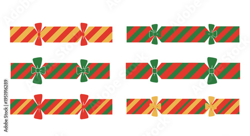 A colorful arrangement of christmas crackers with patterned designs and decorative ribbon bows is displayed high quality professional detailed