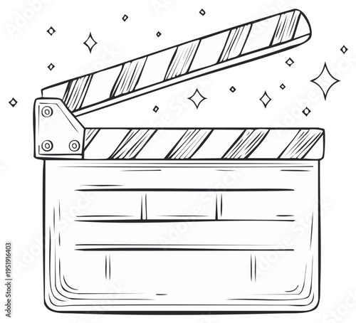 Outline illustration of a film slate for movie production, clapperboard with film set sparkles