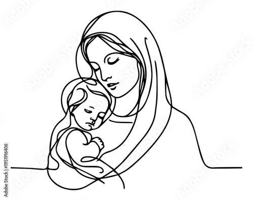 Mother holding baby one line drawing, minimalist continuous line art for motherhood and newborn concept, maternal love and family illustration