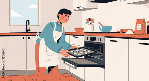 Man in kitchen with baking tray.